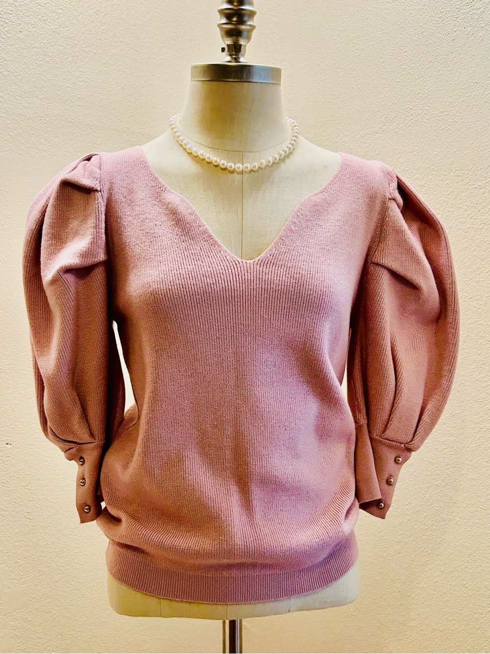 Bluivy Dusty Rose V-Neck Puff Sleeve Sweater